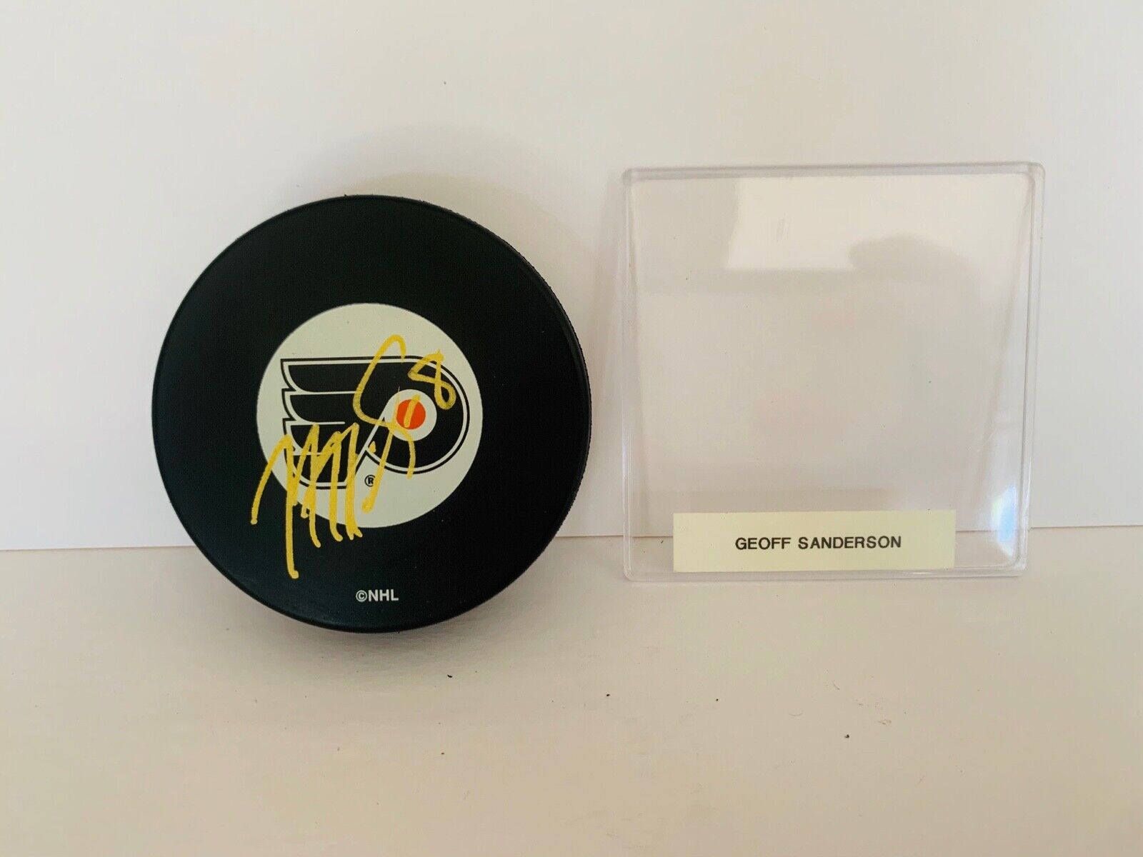 Geoff Sanderson Autographed Signed NHL Licensed Hockey Puck Flyers Team Logo