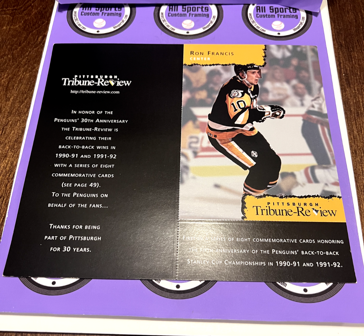 Ron Francis 1992-93 Penguins Tribune Review Card Back to Back Stanley Cups