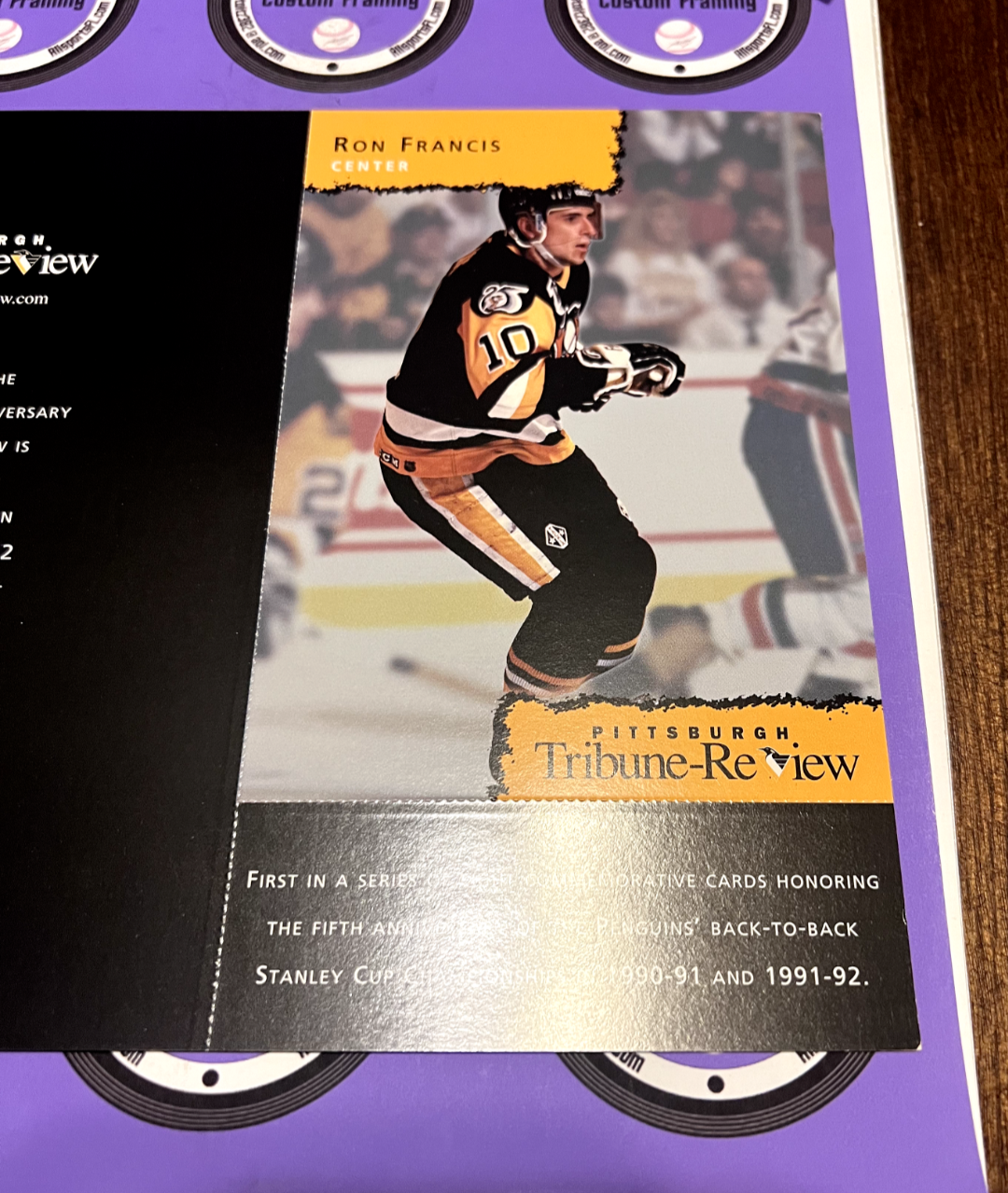 Ron Francis 1992-93 Penguins Tribune Review Card Back to Back Stanley Cups