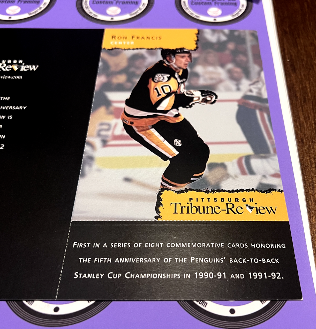 Ron Francis 1992-93 Penguins Tribune Review Card Back to Back Stanley Cups