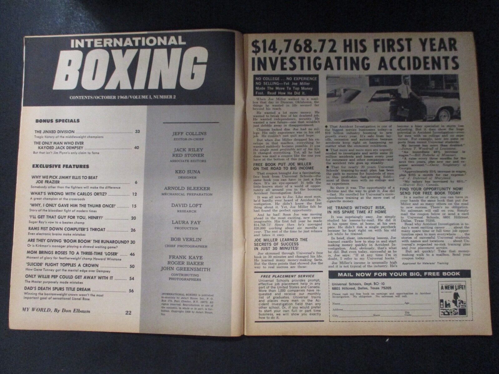 International Boxing Vintage Magazine October 1968 Jack Dempsey Frazier VG