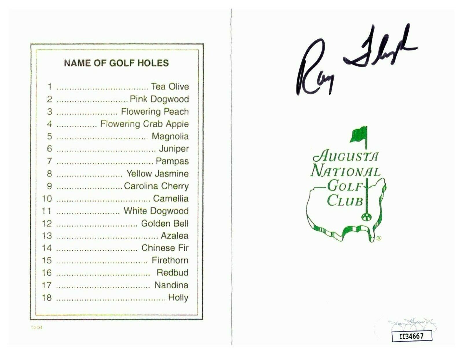 Ray Floyd 1976 Masters Scorecard Augusta National Golf Club JSA Authentic