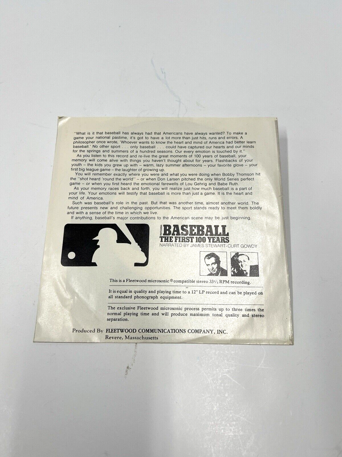 MLB Baseball The First 100 Years 45 Record Fleetwood Records With Sleeve 12" LP