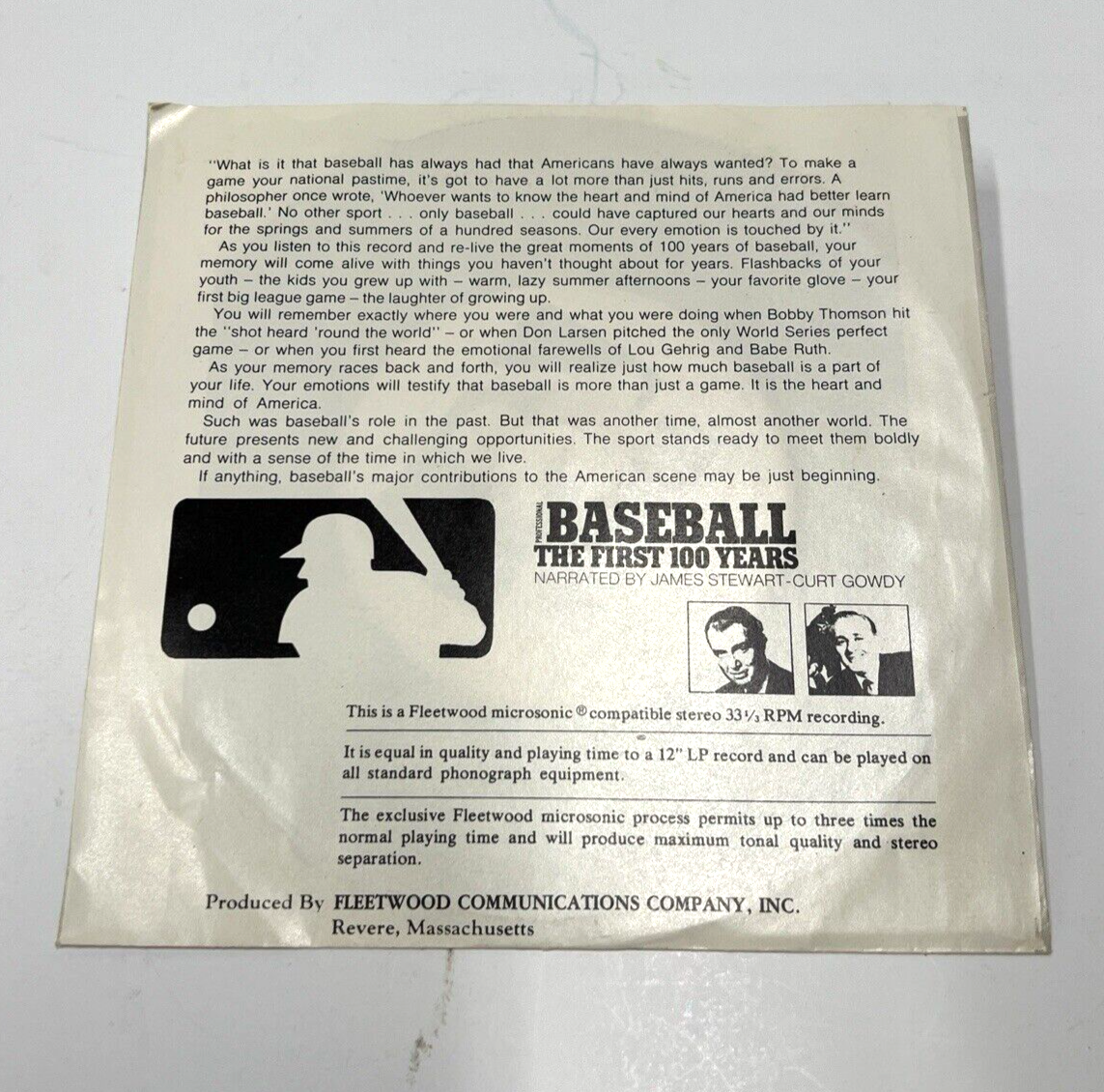 MLB Baseball The First 100 Years 45 Record Fleetwood Records With Sleeve 12" LP