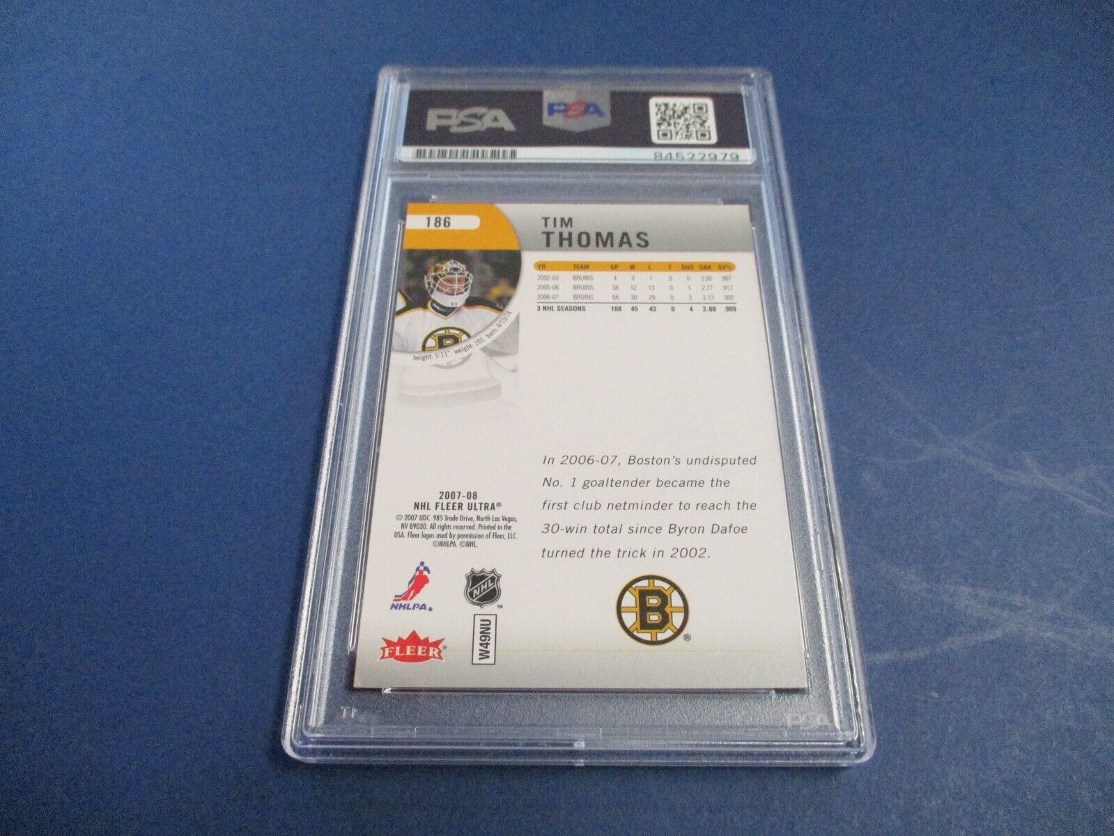 Tim Thomas Autographed Signed 2007-08 Fleer Ultra Card #186 PSA Slab Auth.