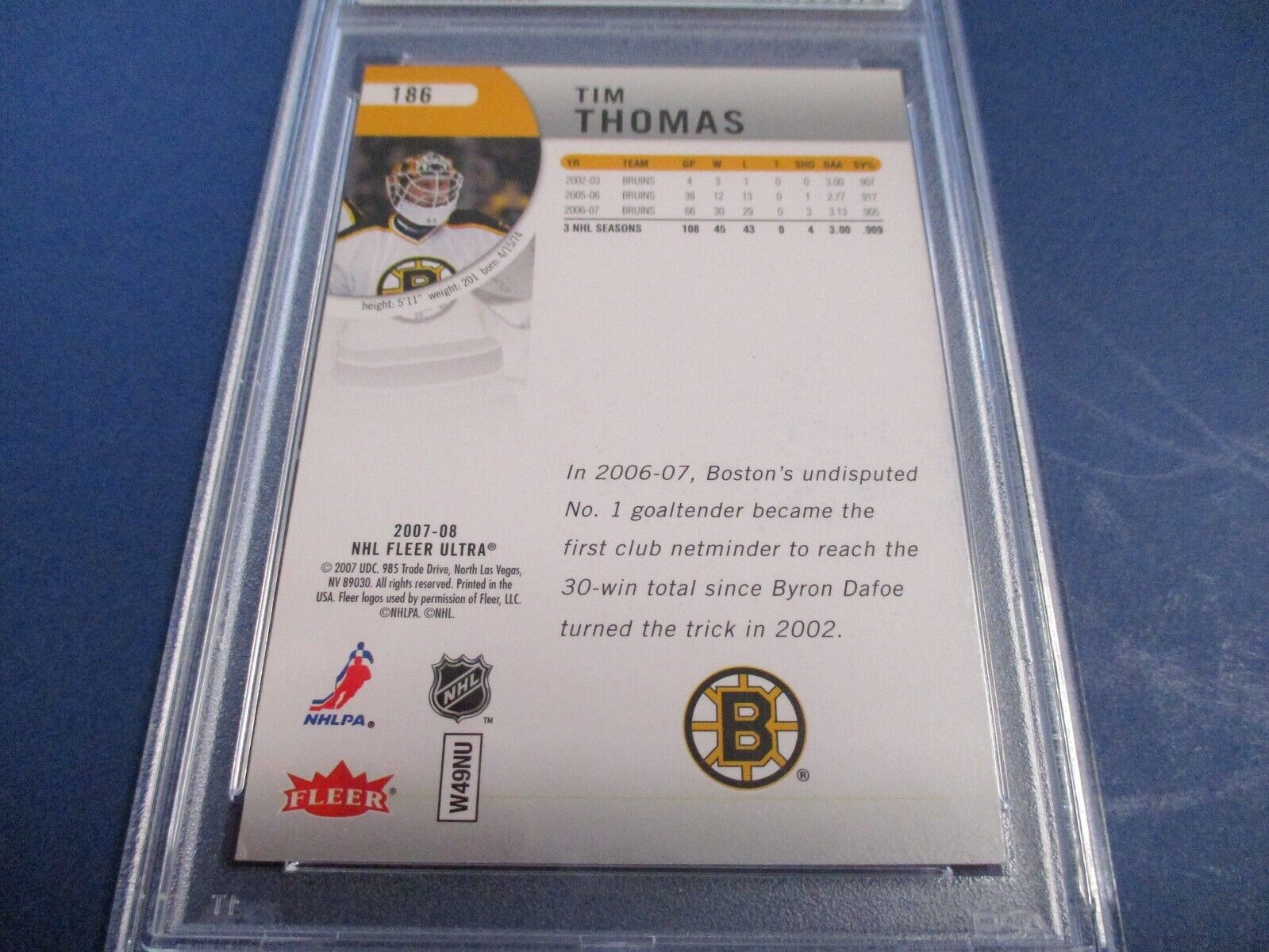 Tim Thomas Autographed Signed 2007-08 Fleer Ultra Card #186 PSA Slab Auth.