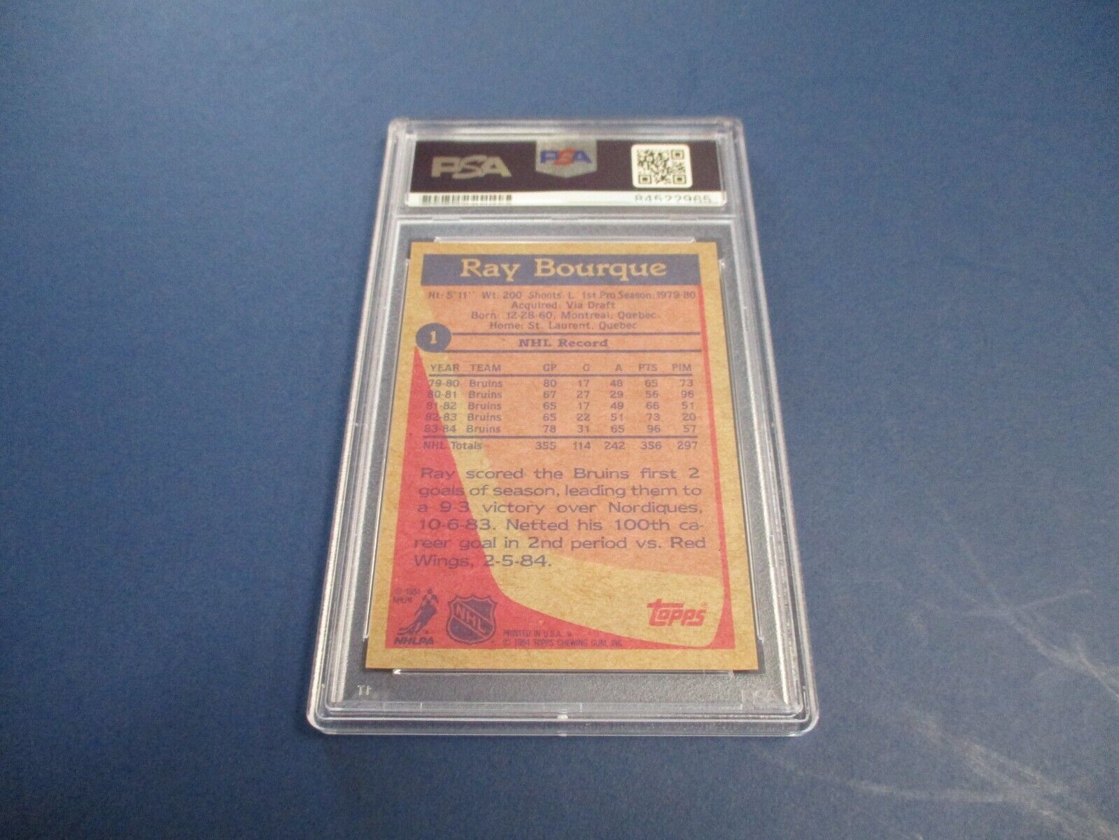 Ray Bourque Bruins Autographed Signed 1984-85 Topps Card #1 PSA Slab Auth.