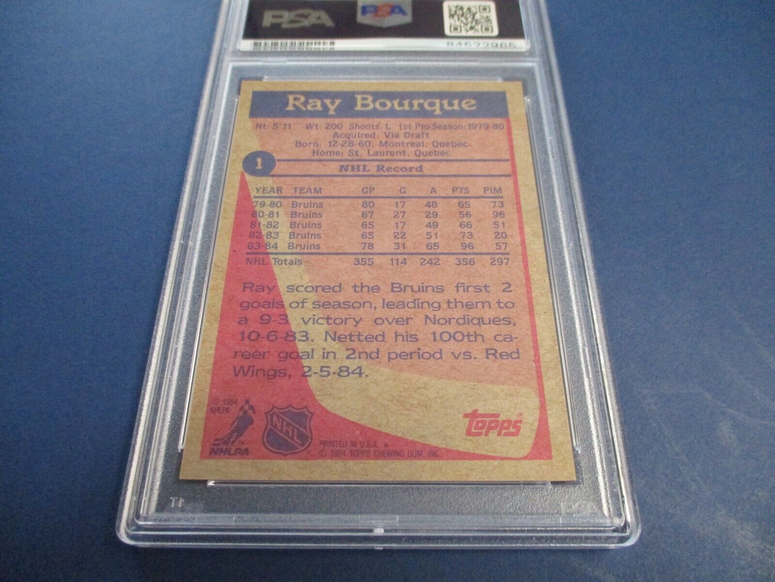 Ray Bourque Bruins Autographed Signed 1984-85 Topps Card #1 PSA Slab Auth.