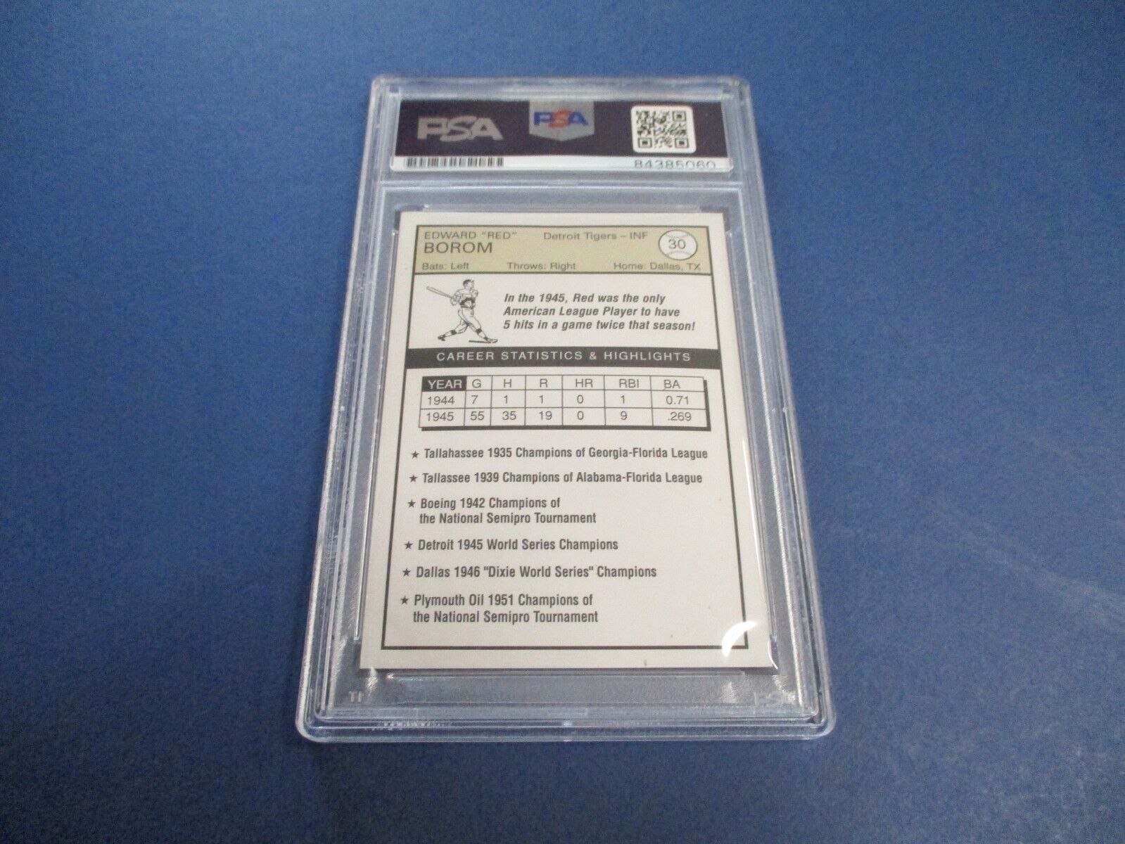 Red Borom Detroit Tigers Autographed Signed Card #30 PSA Slab Auth.