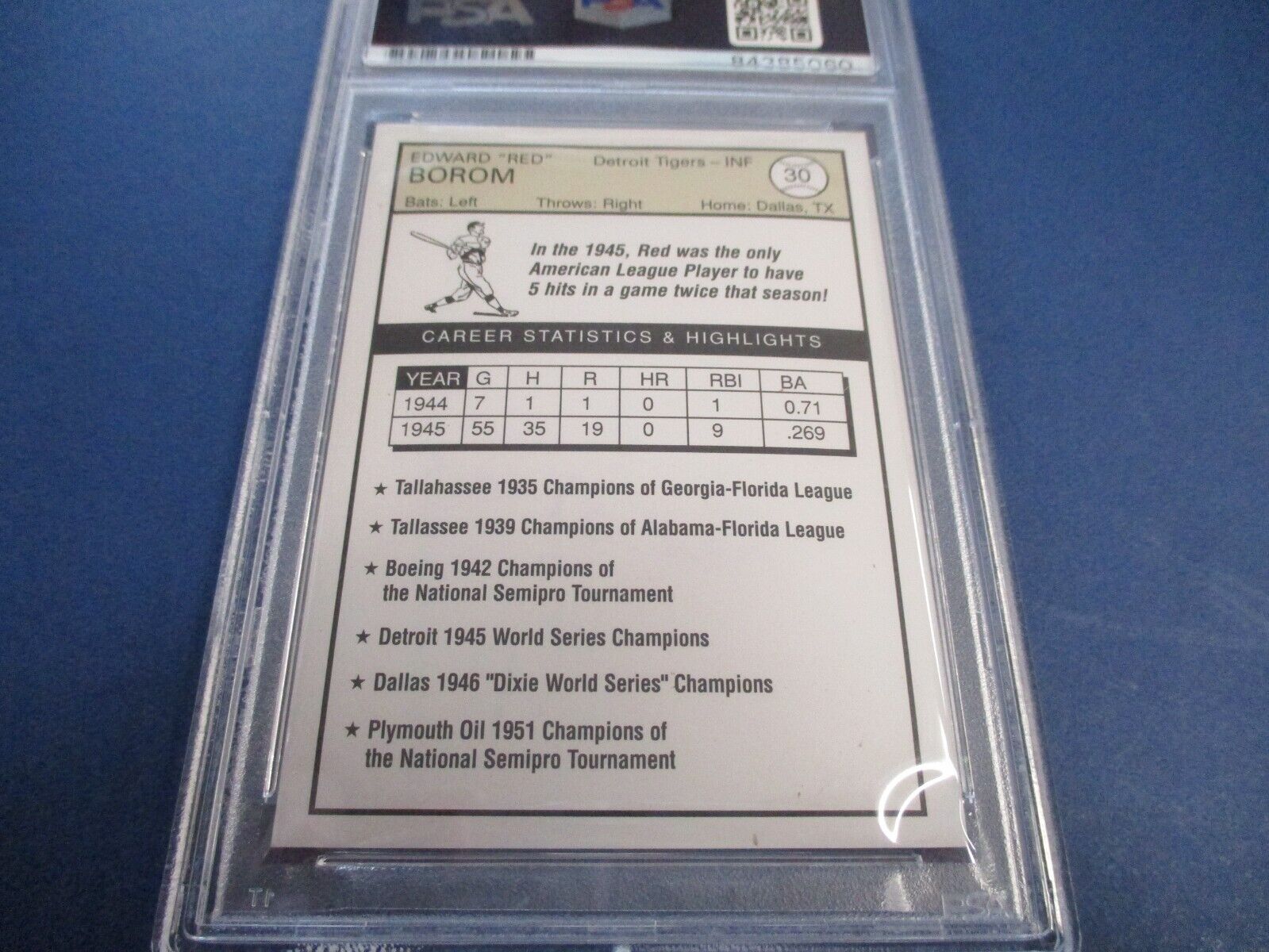 Red Borom Detroit Tigers Autographed Signed Card #30 PSA Slab Auth.