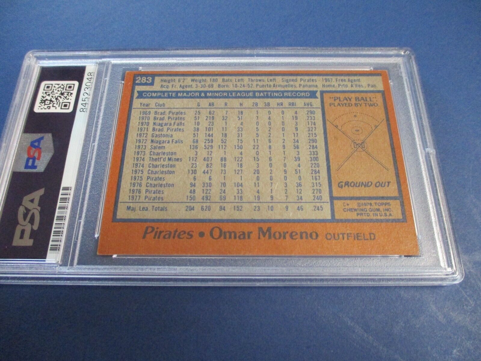 Omar Moreno Pirates Autographed Signed 1978 Topps Card #283 PSA Slab Auth.