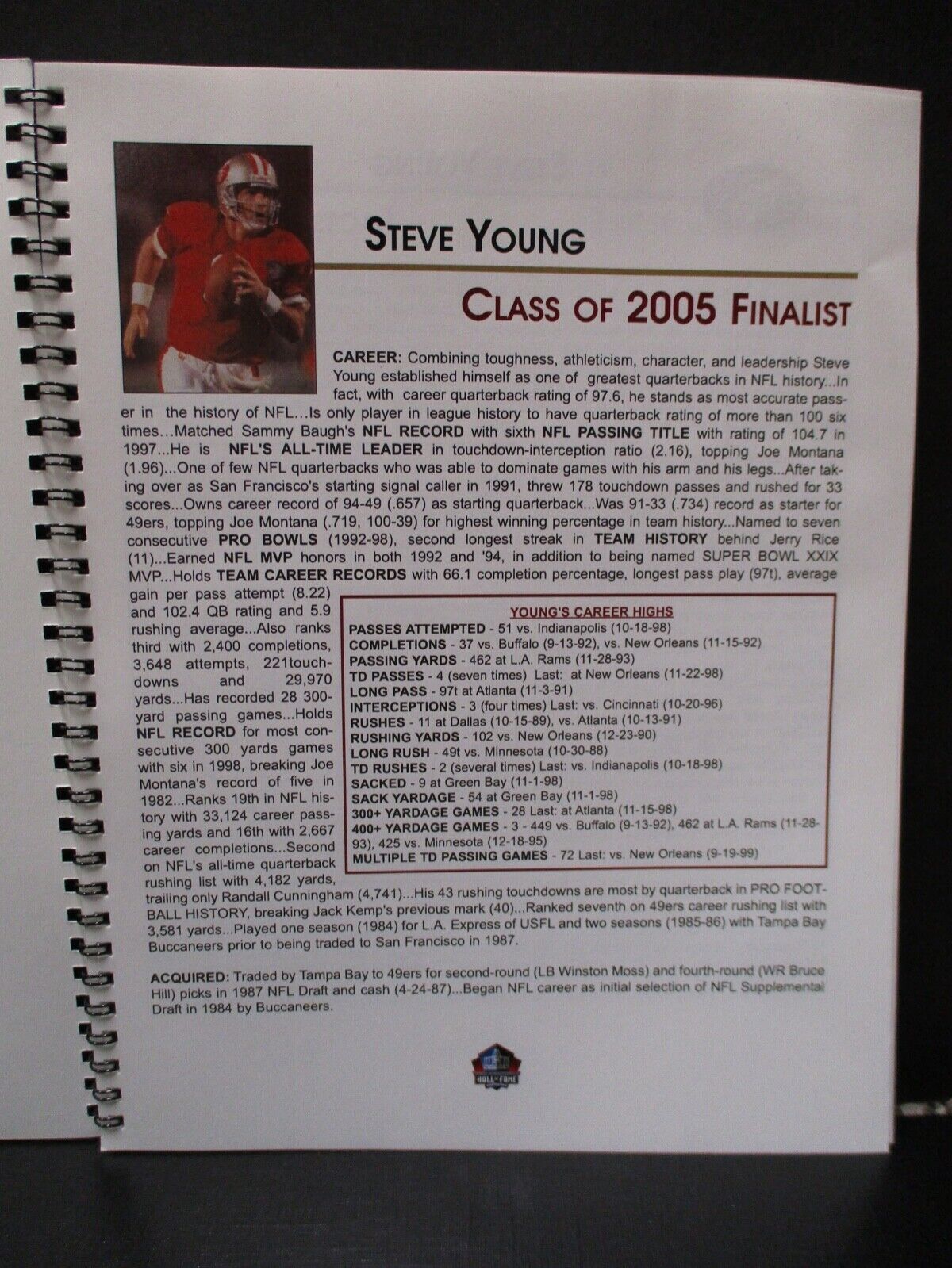 Steve Young 49ers 2005 Pro Football Hall of Fame Finalist Rare Guide Ex Cond