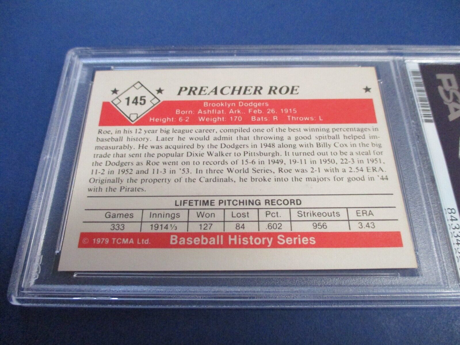 Preacher Roe Dodgers Autographed Signed 1979 TCMA Card #145 PSA Slab