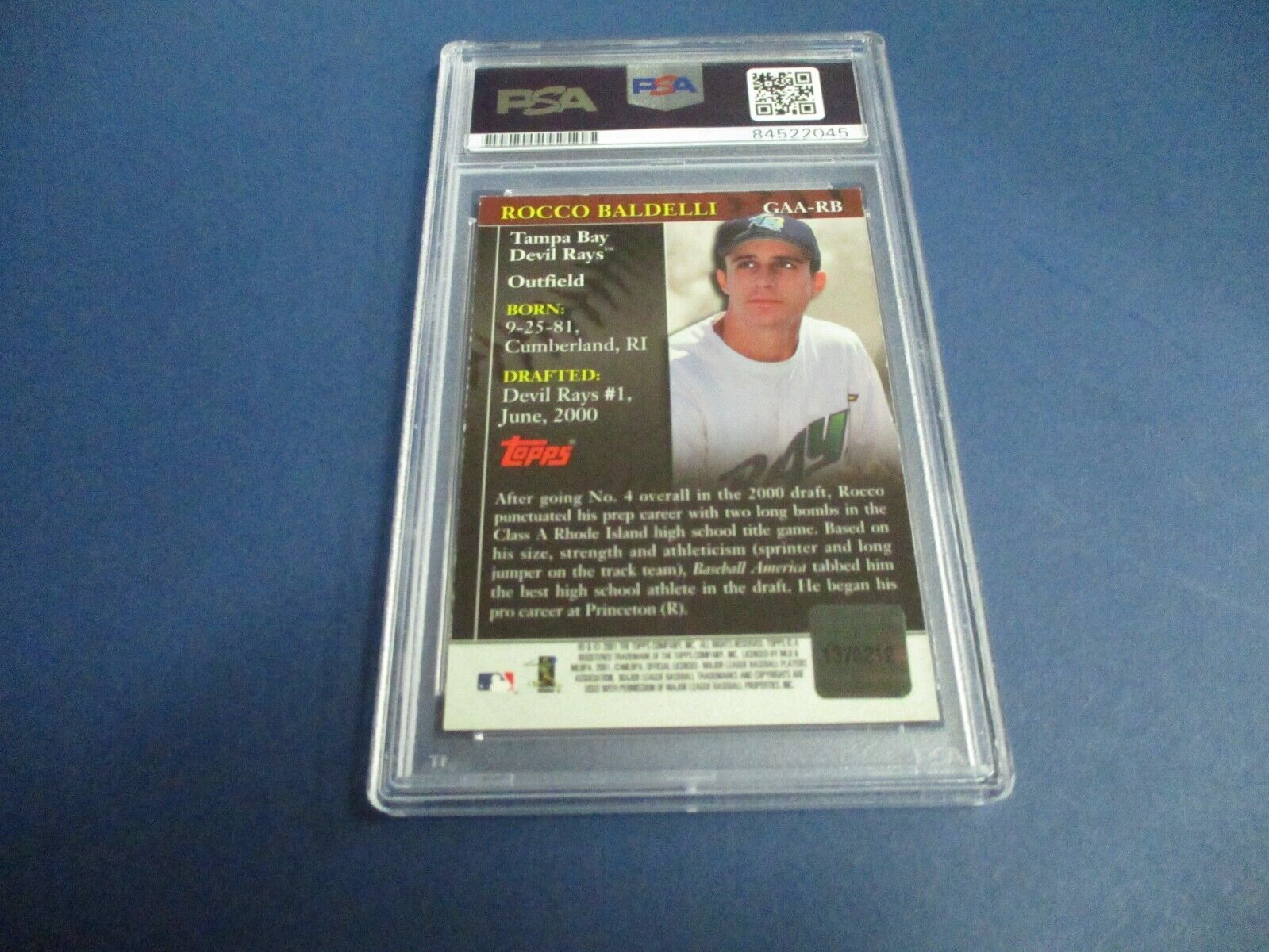 Rocco Baldelli Autographed Signed 2001 Topps Rookie Card #GAA-RB PSA Slab Auth.