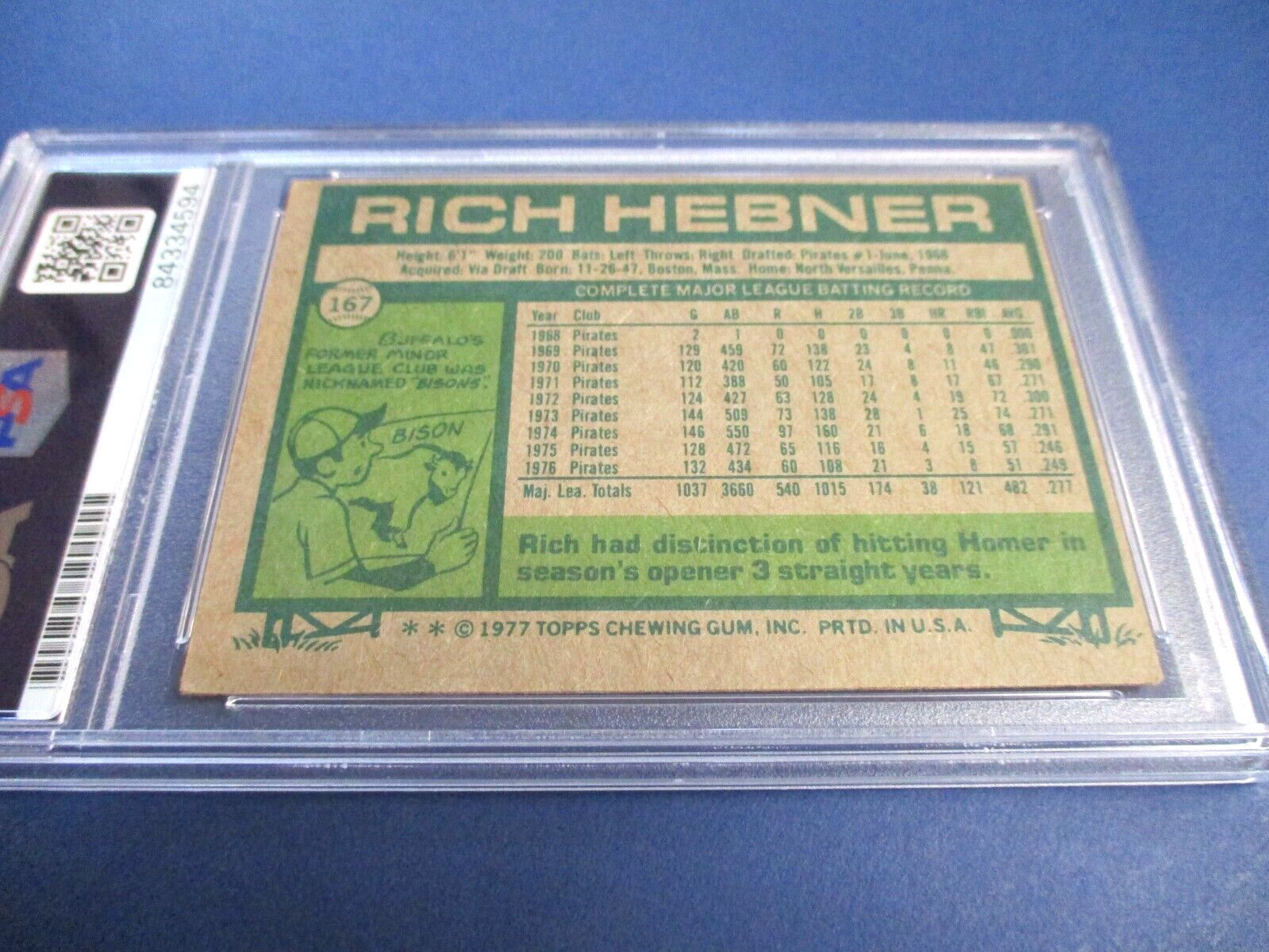 Richie Hebner Autographed Signed 1977 Topps Baseball Card #167 PSA Slab Auth.