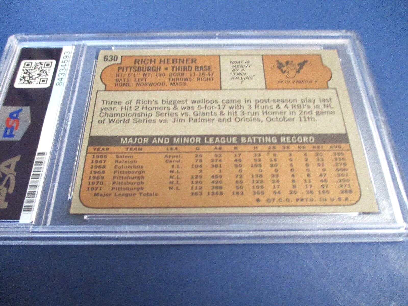 Richie Hebner Autographed Signed 1972 Topps Baseball Card #630 PSA Slab Auth.