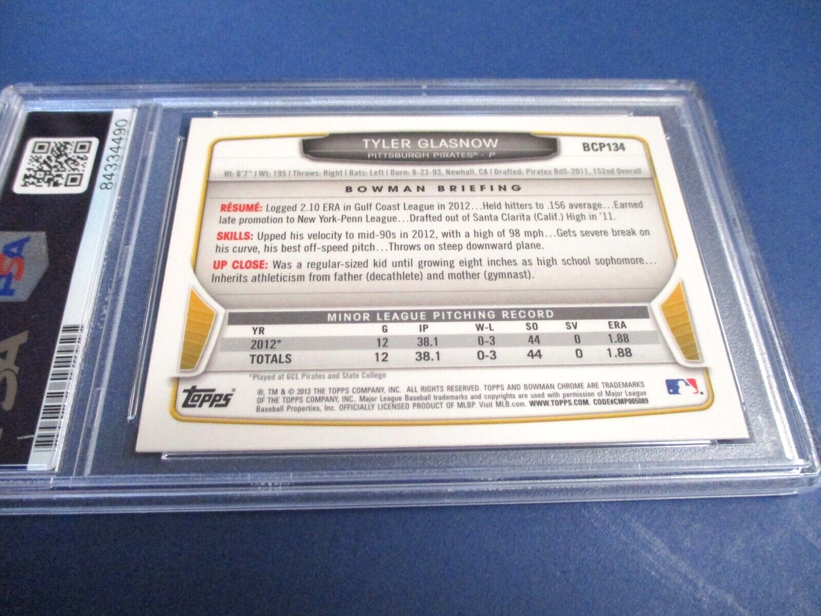 Tyler Glasnow Autographed Signed 2013 Bowman Chrome Card #BCP134 PSA Slab Auth.