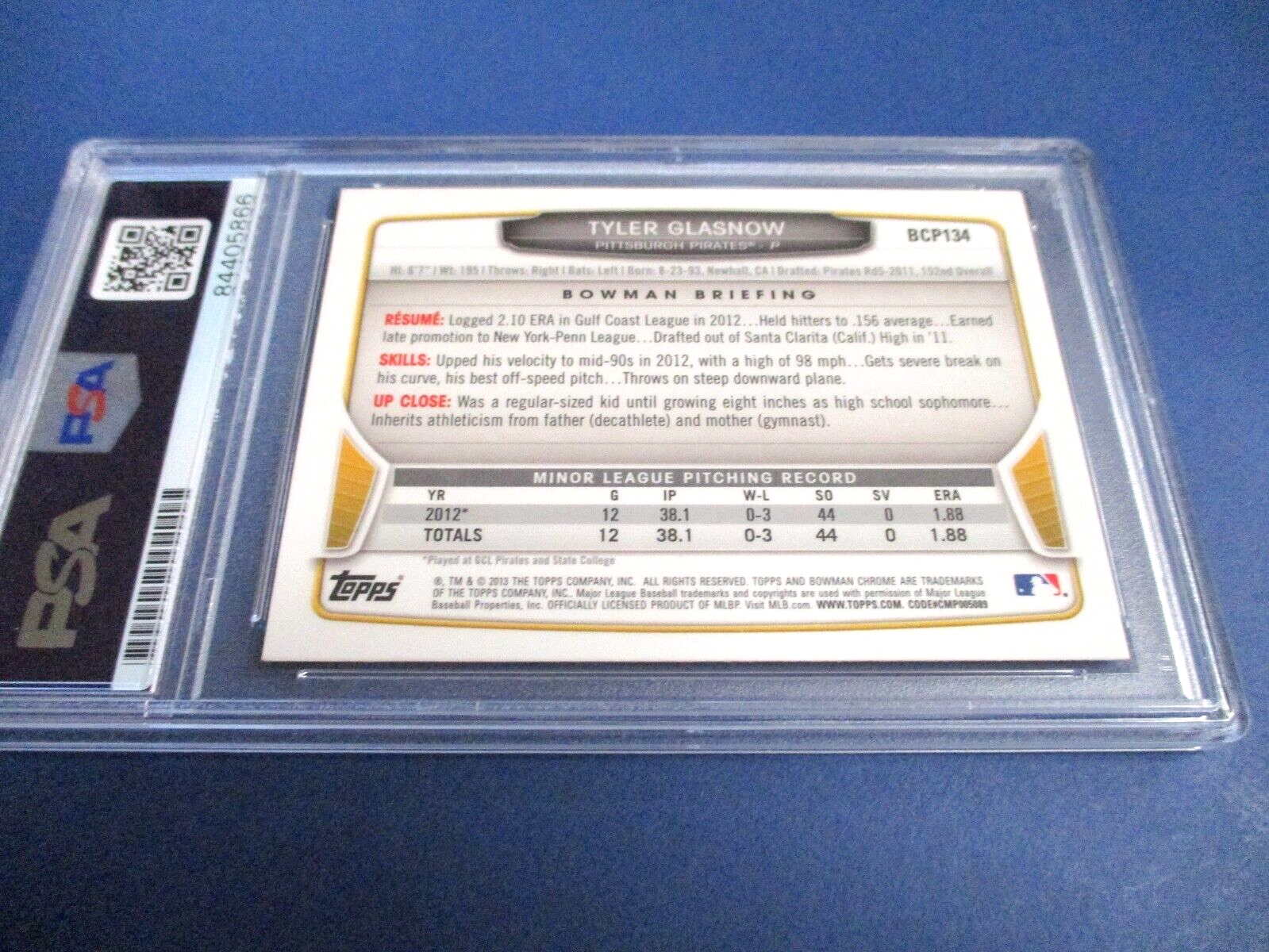 Tyler Glasnow Autographed Signed 2013 Bowman Chrome Card- #BCP134 PSA Slab Auth.