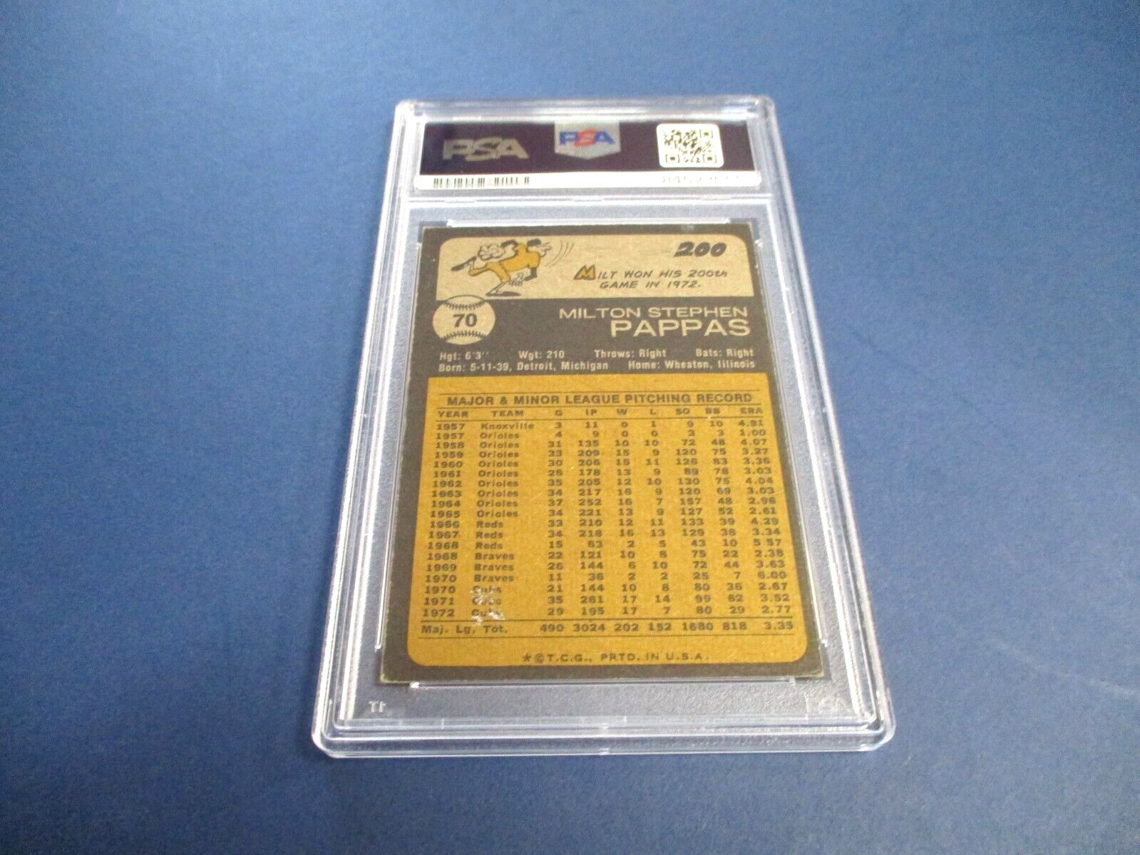 Milt Pappas Autographed Signed 1973 Topps Baseball Card #200 PSA Slab Auth.