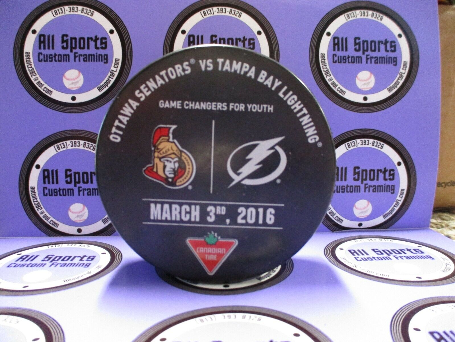 Senators vs Lightning NHL Official USED Practice Puck Sherwood March 3rd 2016