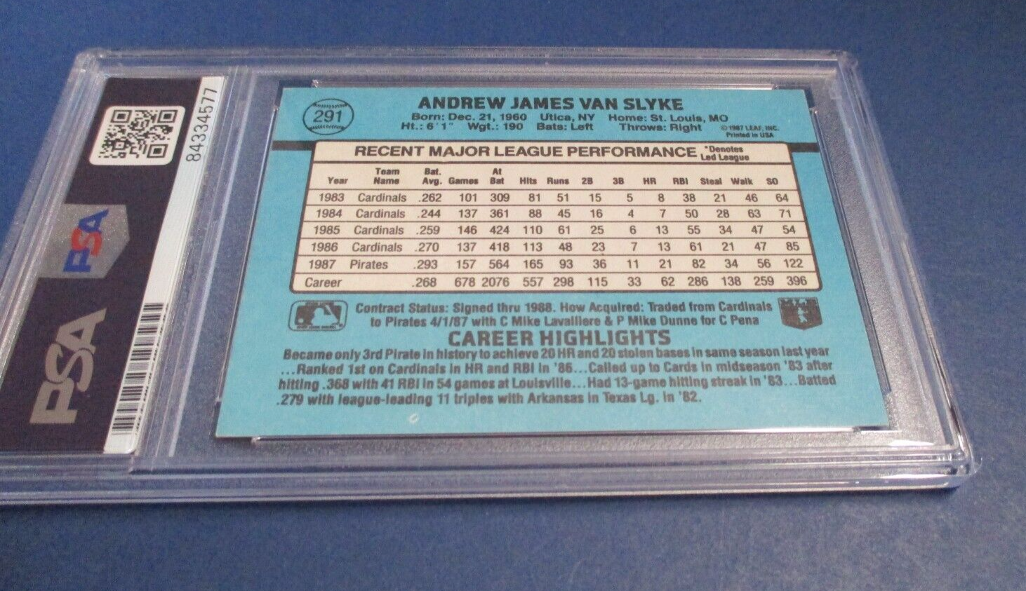 MLB Andy Van Slyke Pirates Autographed Signed 1988 Donruss Card #291 PSA Slab