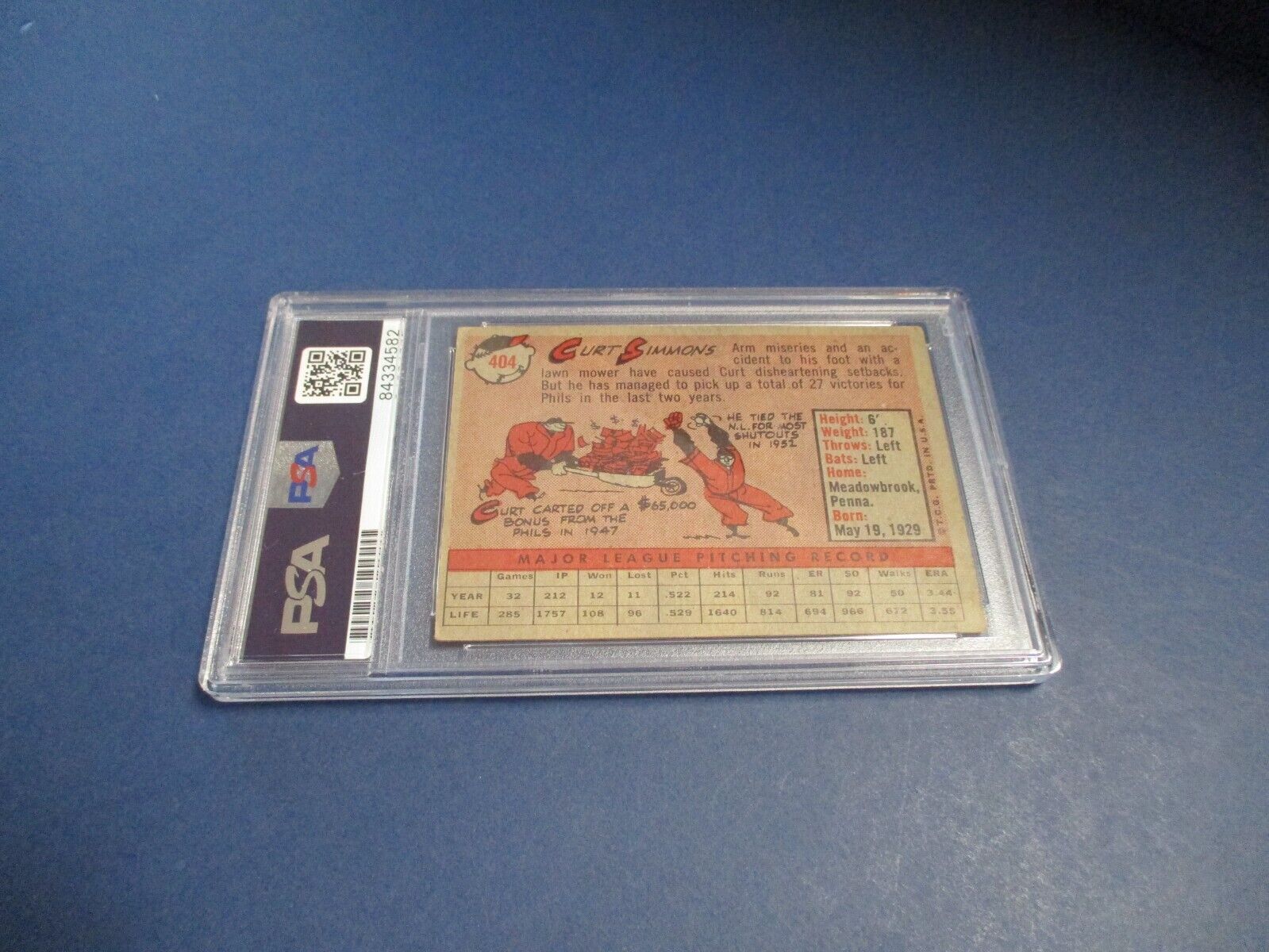 MLB's Curt Simmons Phillies Autographed Signed 1958 Topps Card #404 PSA Slab