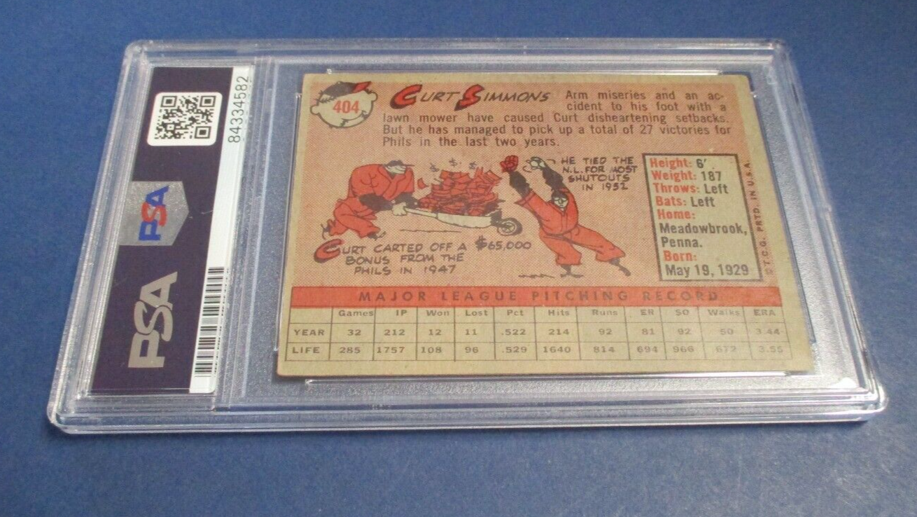 MLB's Curt Simmons Phillies Autographed Signed 1958 Topps Card #404 PSA Slab