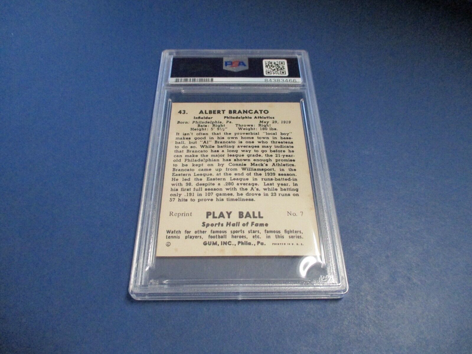 MLB Al Brancato Athletics Autographed Signed 1941 Playball RP Card #43 PSA slab