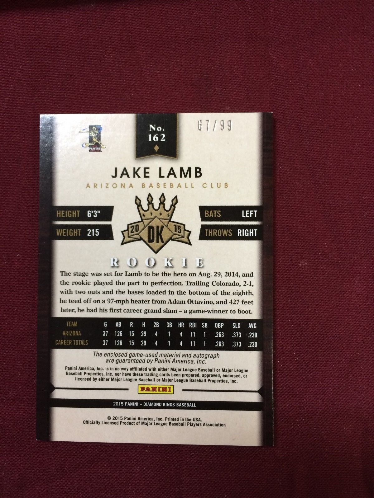 JAKE LAMB 2015 DIAMOND KINGS DUAL GAME JERSEY AUTOGRAPH AUTO #67/99