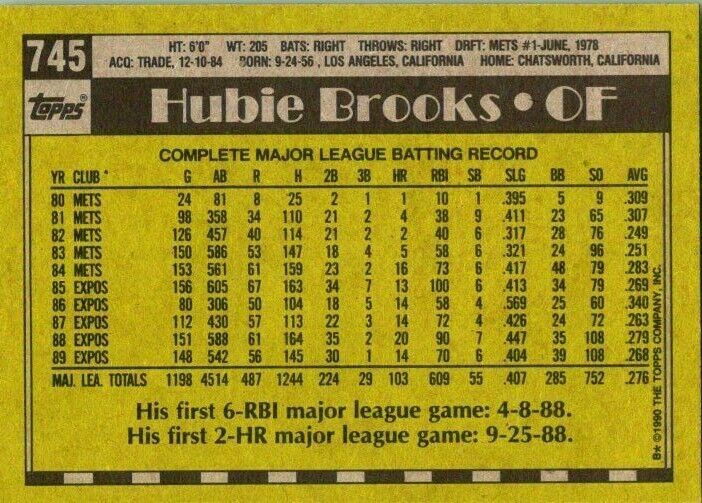 1990 Topps Baseball Card Hubie Brooks Misprint Card #745 Blank Front