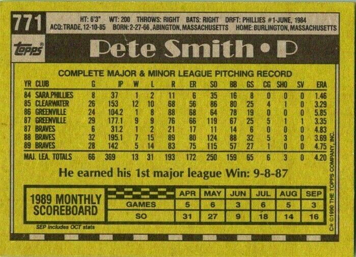 1990 Topps Baseball Card Pete Smith Misprint Card #771 Blank Front