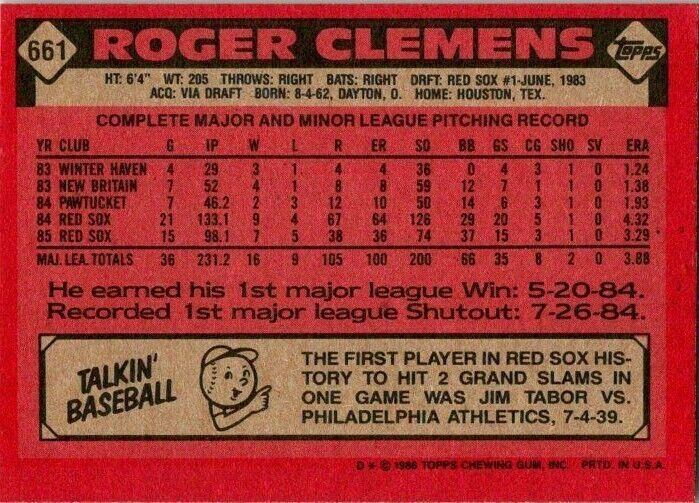 1986 Topps Baseball Card Roger Clemens Misprint Card! #661 Blank Front