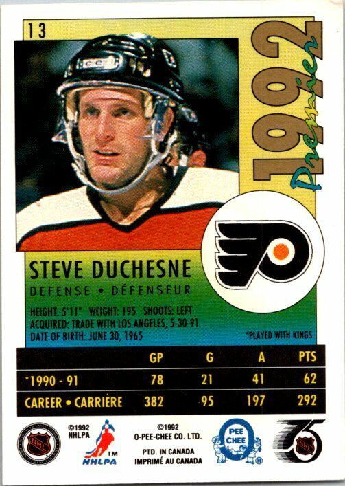 Steve Duchesne Philadelphia Flyers Hand Signed 1991-92 OPC Hockey Card #13 NM