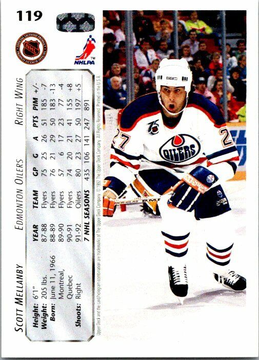 Scott Mellanby Edmonton Oilers Hand Signed 1992-93 UD Hockey Card #119 NM