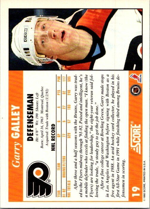 Garry Galley Philadelphia Flyers Hand Signed 1992-93 Score Hockey Card #19 NM