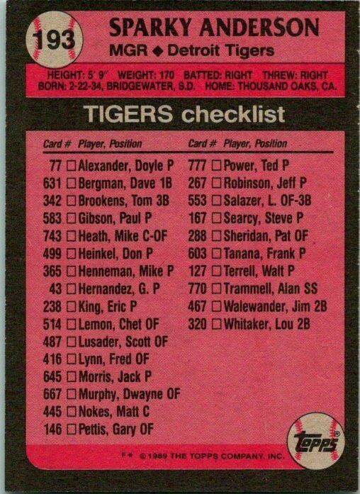 Willie Fraser Los Angeles  1989 Topps Misprint Card Sparky Anderson Backside