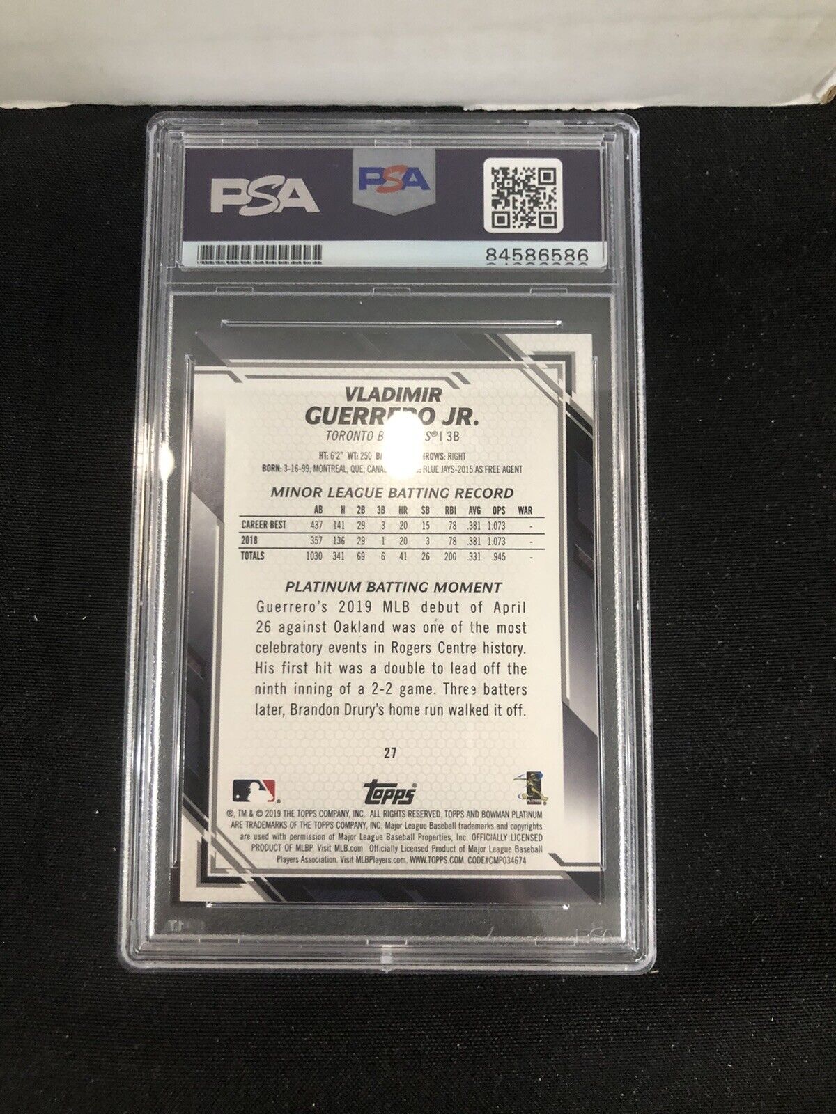 Vladimir Guerrero Jr. Autographed 2019 Bowman Platinum Card PSA