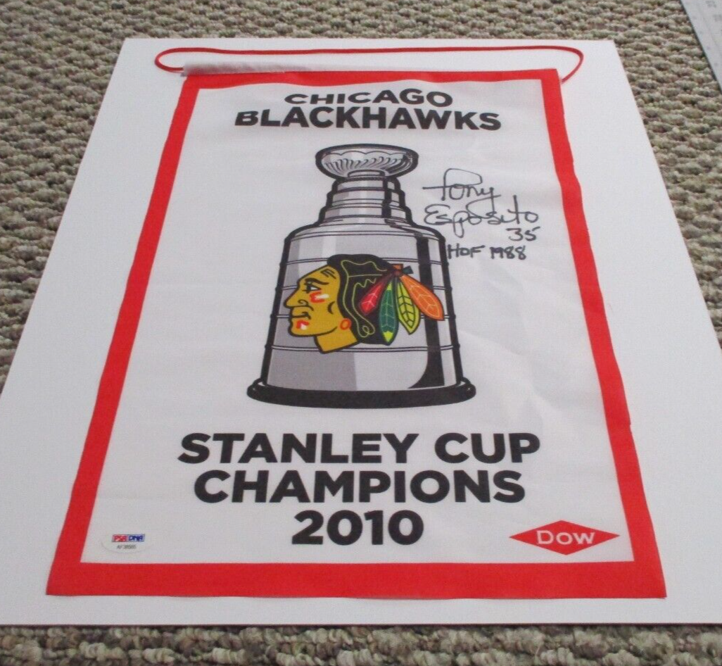 Tony Esposito signed autographed Blackhawks Stanley Cup Champs 2010 Flag PSA