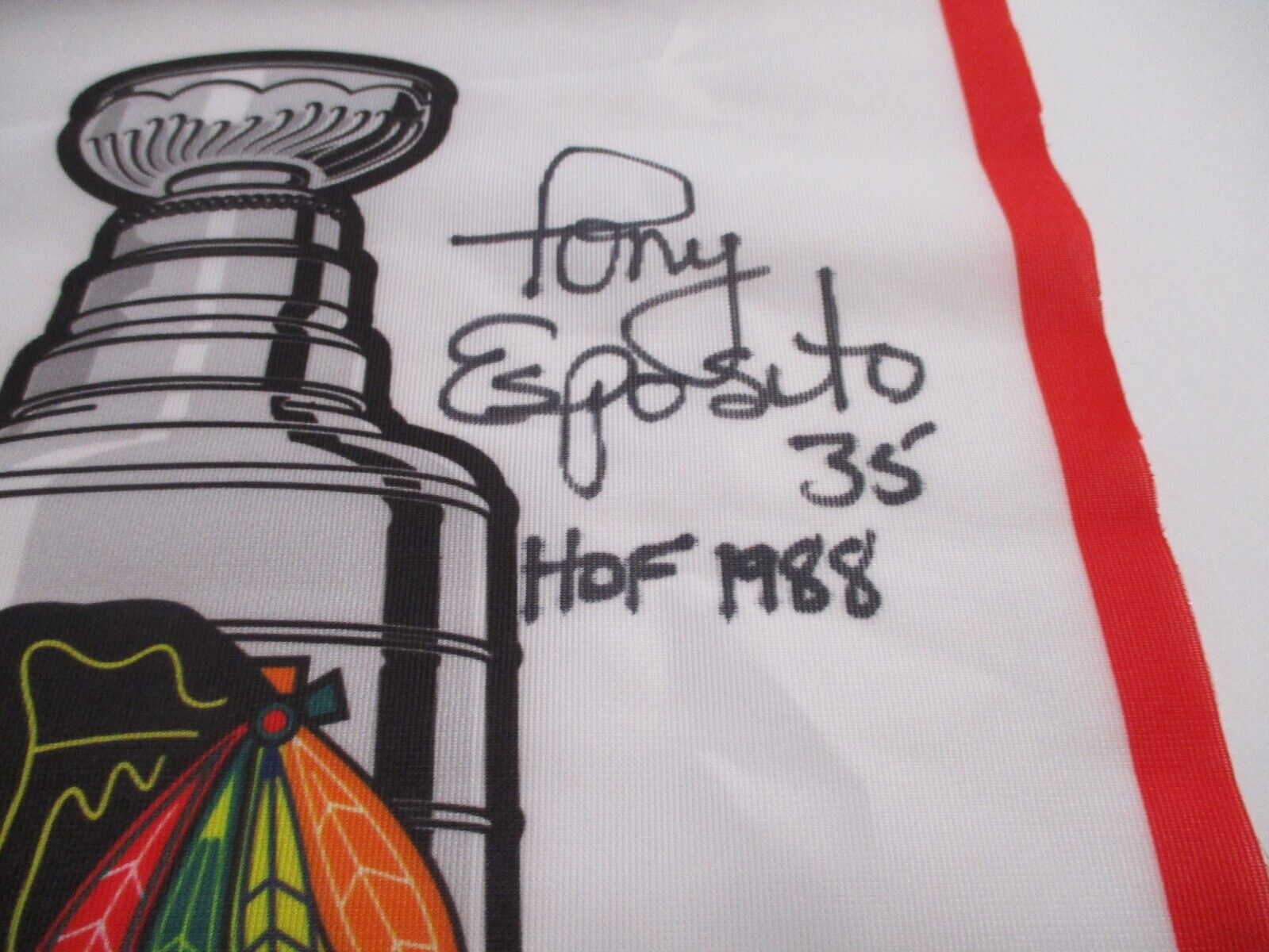 Tony Esposito signed autographed Blackhawks Stanley Cup Champs 2010 Flag PSA