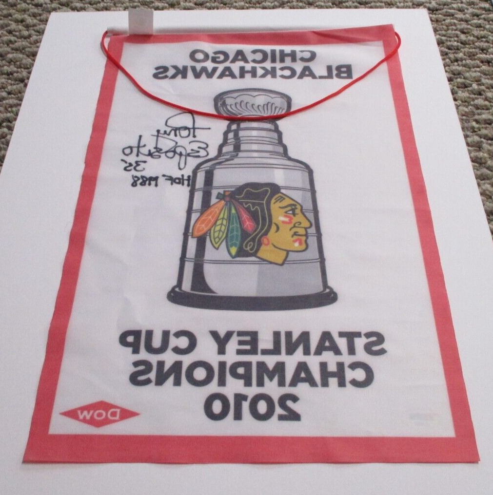 Tony Esposito signed autographed Blackhawks Stanley Cup Champs 2010 Flag PSA