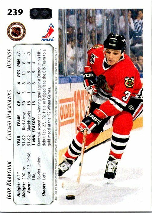 Igor Kravchuk Chicago Blackhawks Hand Signed 1992-93 UD Hockey Card #239 NM