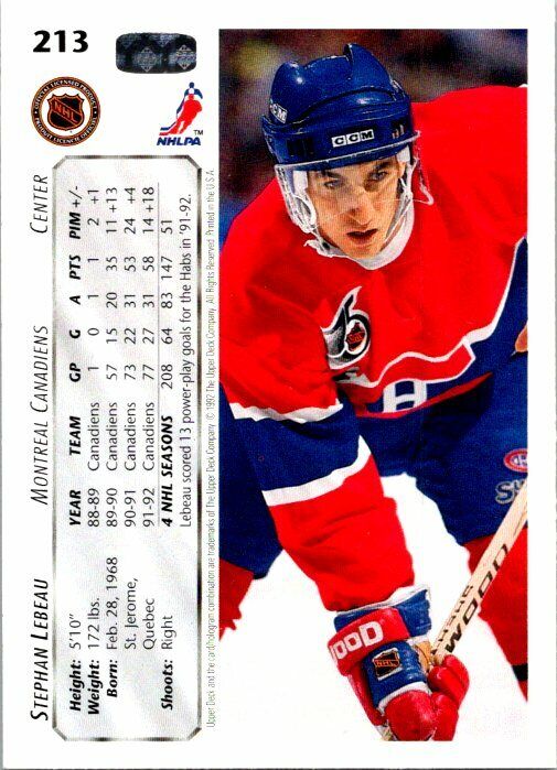 Stephan Lebeau Montreal Canadiens Hand Signed 1992-93 UD Hockey Card #213 NM