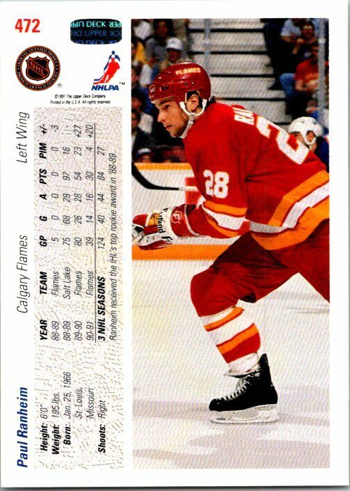 Paul Ranheim Calgary Flames Hand Signed 1991-92 UD Hockey Card #472 NM