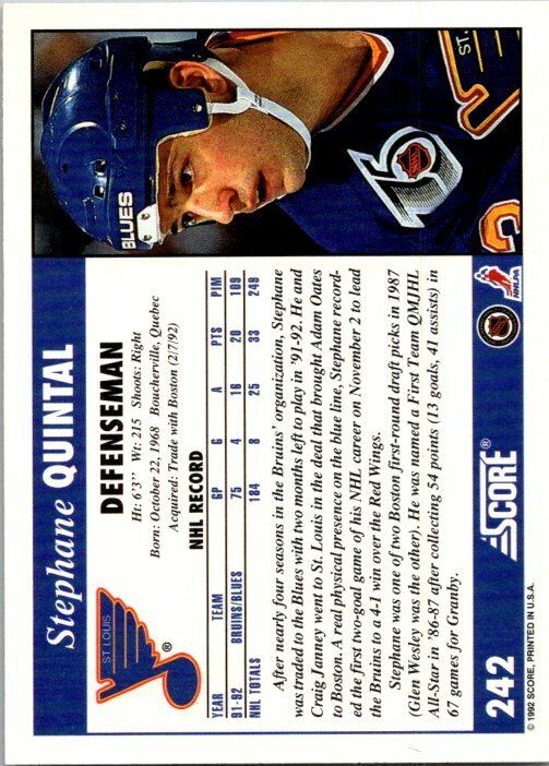 Stephane Quintal St. Louis Blues Hand Signed 1992-93 UD Hockey Card #242 NM