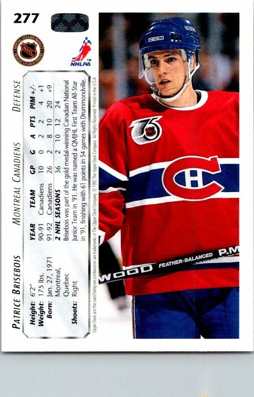 Patrick BriesBois Canadiens Hand Signed 1992-93 Upper Deck Hockey Card #277 NM