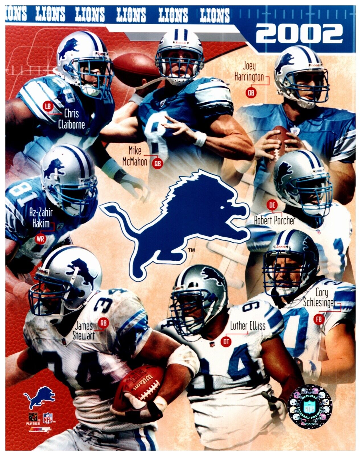 2002 Detroit Lions Team Composite Unsigned Photo File 8x10 Hologram Photo