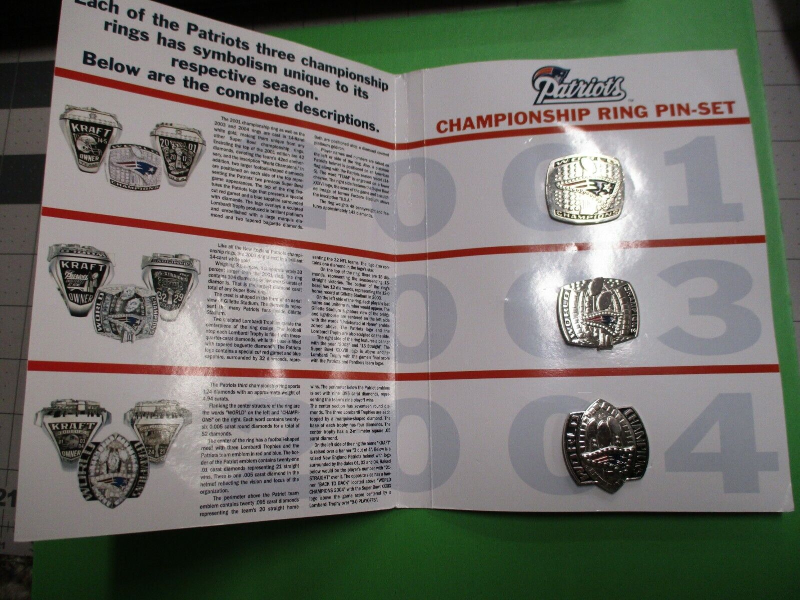 New England Patriots Championship Ring Pin Set 2001, 2003, 2004 3 Pins Kraft