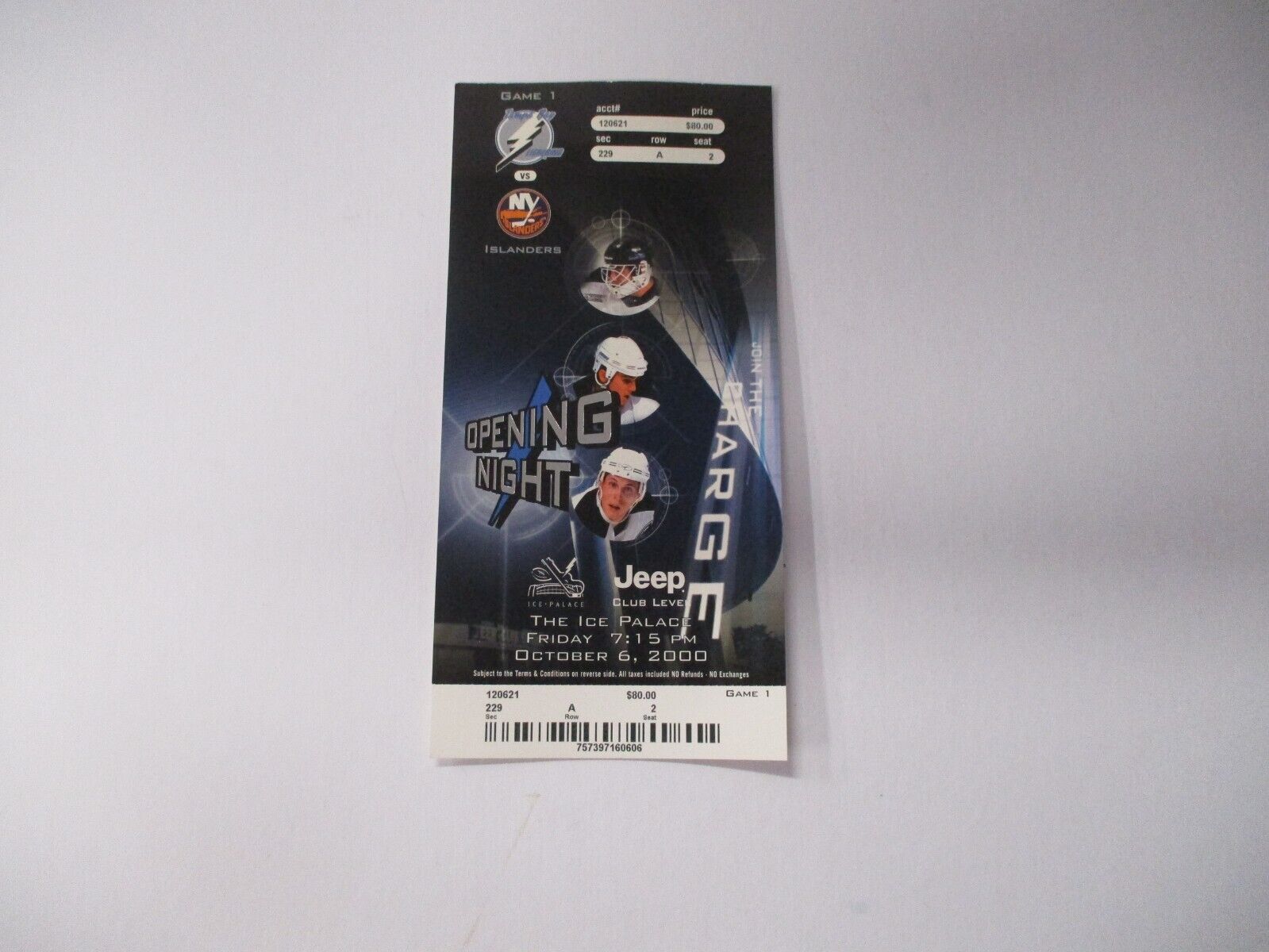 Tampa Bay Lightning 2000 Opening Night Ticket Featuring Lecavalier With Holder