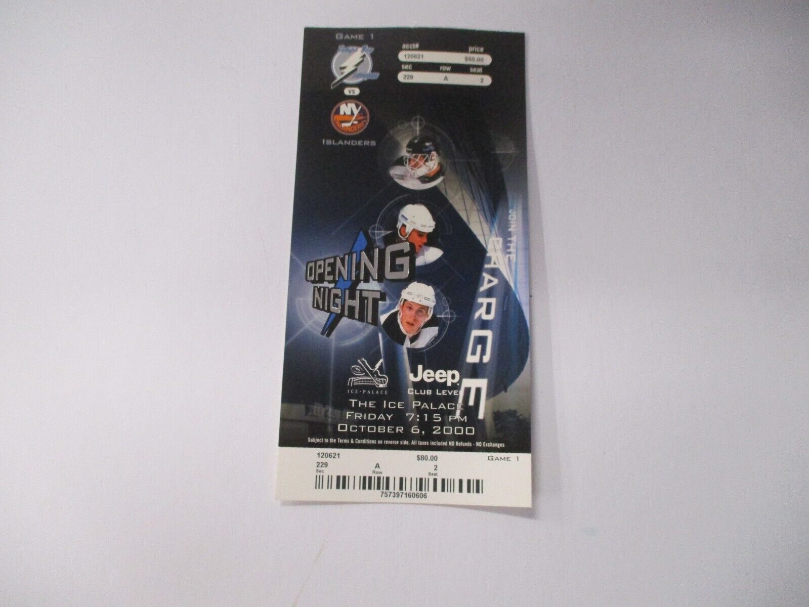 Tampa Bay Lightning 2000 Opening Night Ticket Featuring Lecavalier With Holder