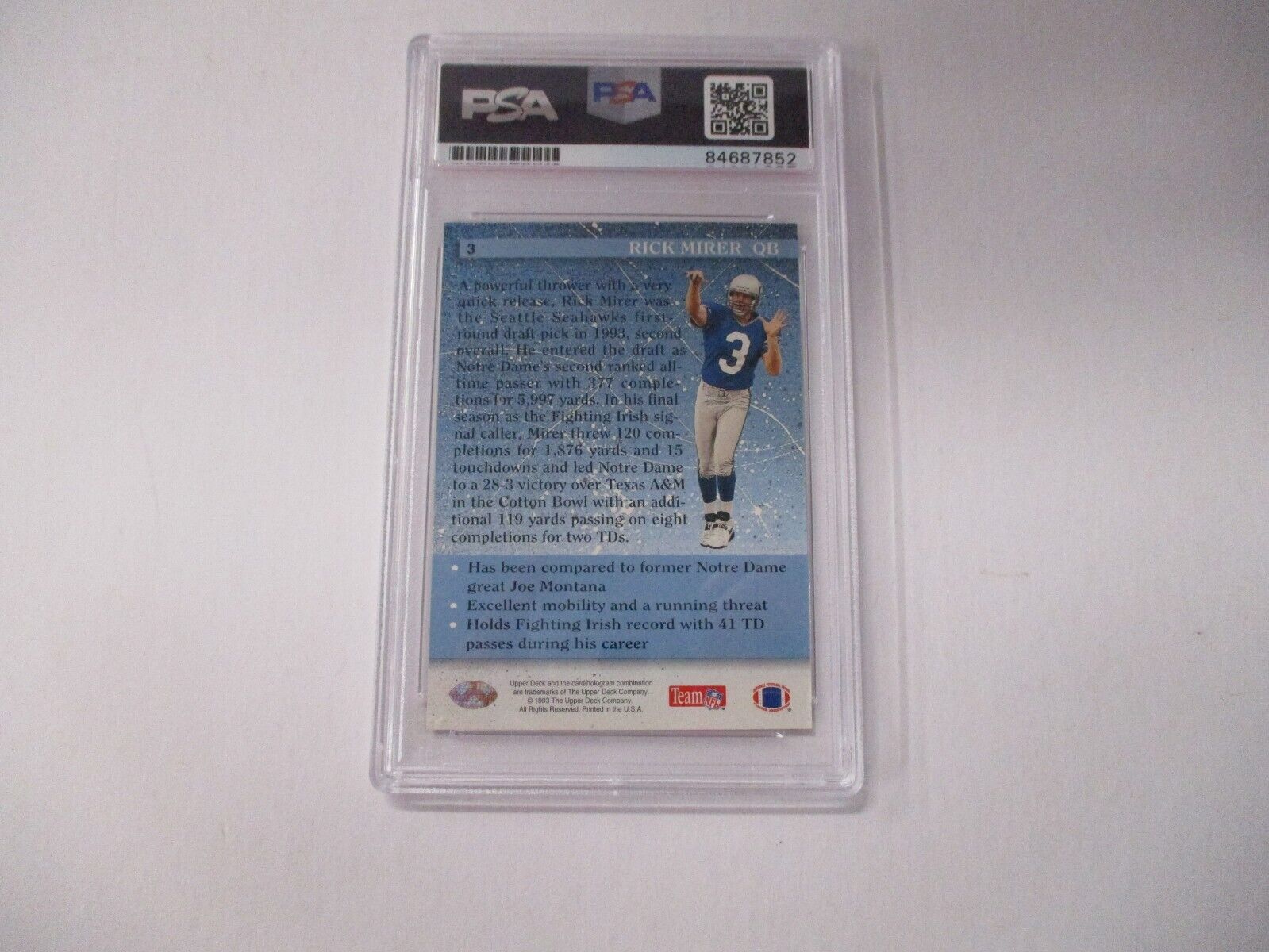 Rick Mirer Seattle Seahawks Autographed 1993 Upper Deck Rookie Card #3 PSA Slab